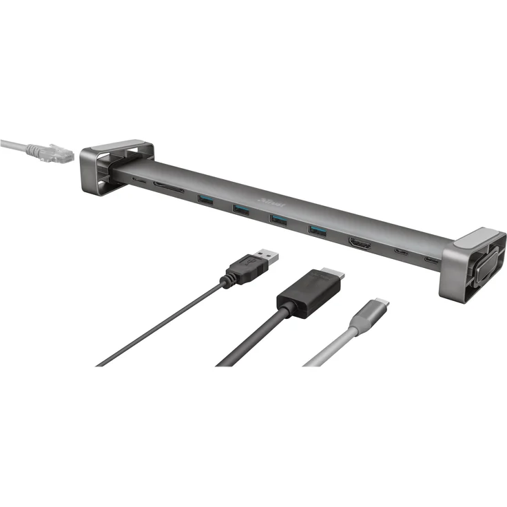 Trust Dalyx USB C Hub Multiport Adapter (10 in 1) mit Bildschirmständer, Aluminium Dongle (mit HDMI 4K-Ausgang, SB-Micro SD, 4 USB 3.2, 2 USB C Anschlüsse, Ethernet, für Typ-C-Geräte) - graun – Bild 6