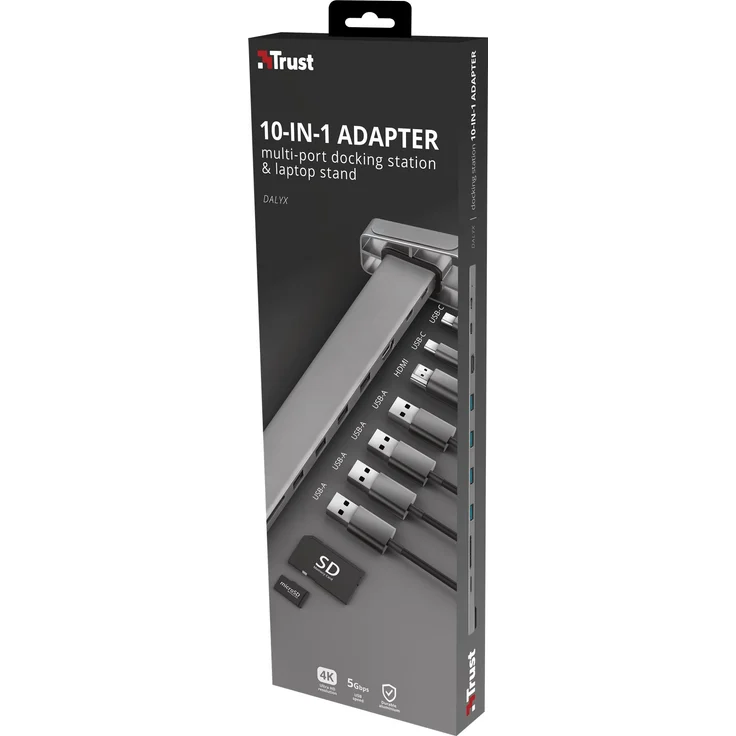 Trust Dalyx USB C Hub Multiport Adapter (10 in 1) mit Bildschirmständer, Aluminium Dongle (mit HDMI 4K-Ausgang, SB-Micro SD, 4 USB 3.2, 2 USB C Anschlüsse, Ethernet, für Typ-C-Geräte) - graun – Bild 4