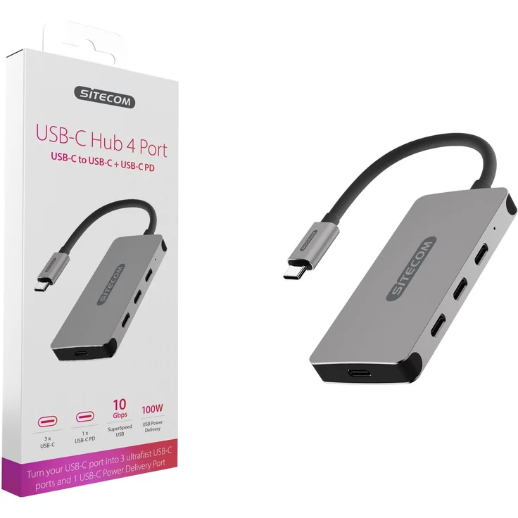 Sitecom CN-386 USB-C Hub 4 Port | USB-C auf 3X USB-C + 1x UBS-C Power Delivery Port Adapter mit 10 Gbit-s Daten, 7,5 W Leistung - für MacBook Pro-Air, Chromebook und weitere USB Typ C Geräte – Bild 2
