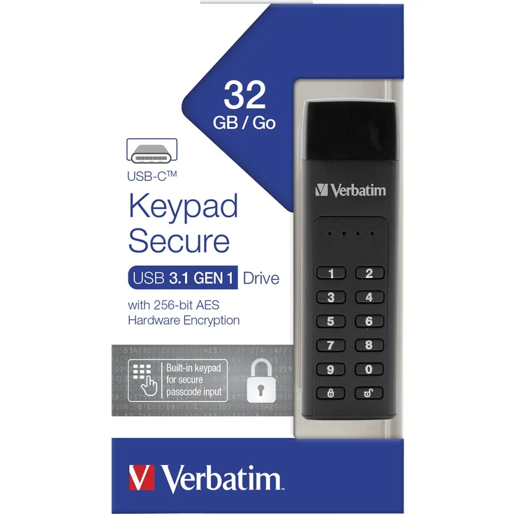 Verbatim Keypad Secure USB-C-Stick - 32 GB - Datenspeicher mit Passwortschutz, inkl. USB-C zu USB-C-Verlängerungskabel, schwarz – Bild 2
