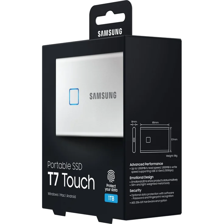 Samsung T7 Touch MU-PC1T0S - Solid-State-Disk - verschlüsselt - 1 TB - extern (tragbar) - USB 3.2 Gen 2 (USB-C Steckverbinder) - 256-Bit-AES - Silber (MU-PC1T0S/WW) – Bild 3