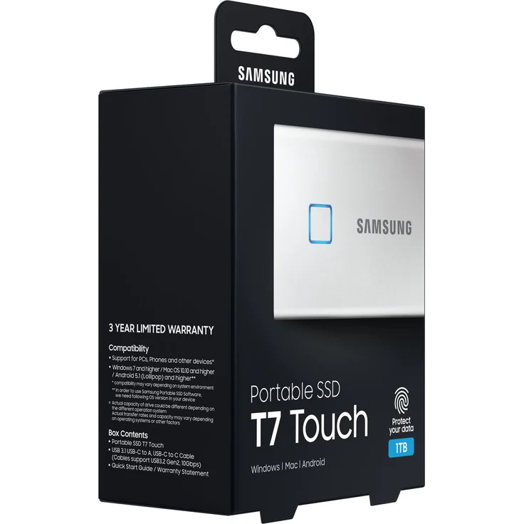 Samsung T7 Touch MU-PC1T0S - Solid-State-Disk - verschlüsselt - 1 TB - extern (tragbar) - USB 3.2 Gen 2 (USB-C Steckverbinder) - 256-Bit-AES - Silber (MU-PC1T0S/WW) – Bild 7