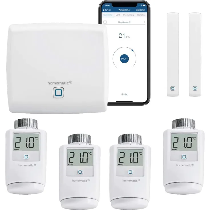 Homematic IP Funk Heizungssteuerung zur Einzelraumregelung mit App, Access Point, 4 Funk Heizkörperthermostate, 2 Funk Tür-/Fensterkontakte, weiß (144602)