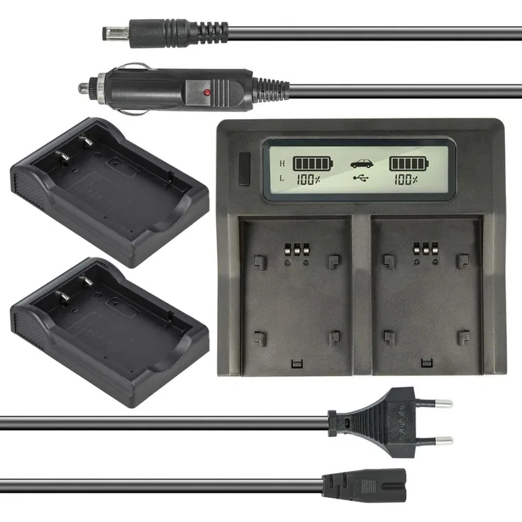 Dual Akku-Ladegerät kompatibel mit Fuji NP-120, NP-95, NP-60, NP-40 - mit USB-Anschluss, LCD-Display und Kfz-Ladekabel - Schnellladegerät