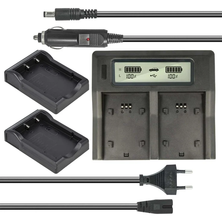 Dual Akku-Ladegerät kompatibel mit Fuji NP-120, NP-95, NP-60, NP-40 - mit USB-Anschluss, LCD-Display und Kfz-Ladekabel - Schnellladegerät