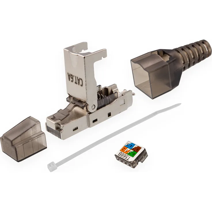 CAT 6A RJ45 Stecker, STP geschirmt, zur werkzeugfreien Montage mit Knickschutz