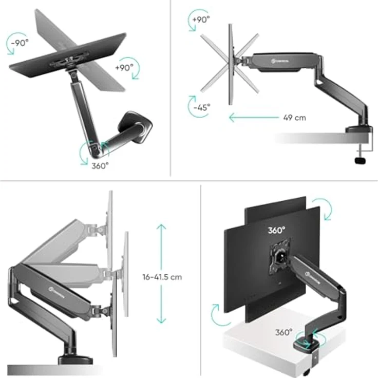 ONKRON G90 Monitor Halterung, schwenkbar für 13-32 Zoll Bildschirme bis 8kg, max VESA 100x100, Tischhalterung in Schwarz mit ergonomischen Einstellmöglichkeiten – Bild 4