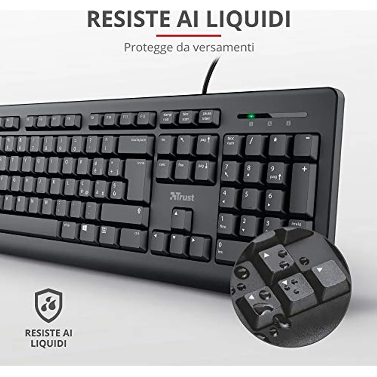 Trust Taro USB-Tastatur, kabelgebunden, italienisches QWERTY-Layout, PC-Tastatur mit Kabel für Computer/Laptop/Notebook, Mac/Windows, Kabel von 1,8 Metern, flüssigkeitsbeständig, ergonomisch - Schwarz – Bild 4