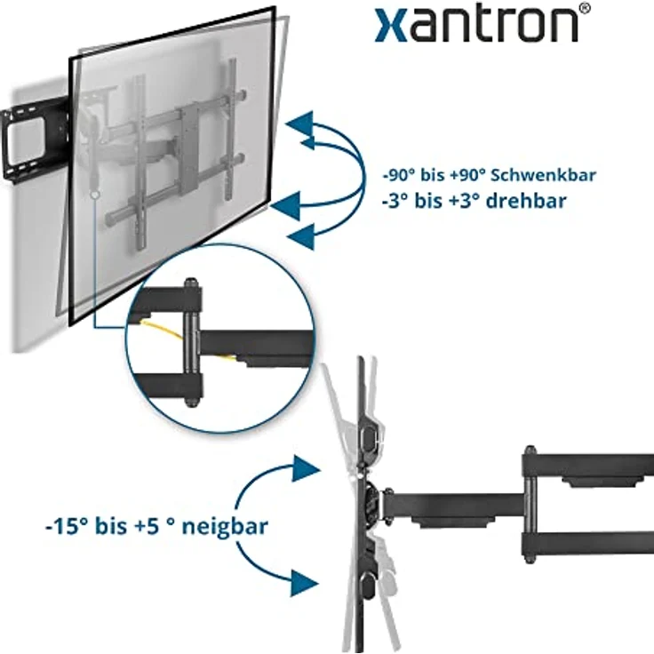 Xantron STRONGLINE-960 Wandhalterung Fernseher Schwenkbar Neigbar Drehbar / 37-70 Zoll TV Halterung/TV Wandhalterung flach/Fernseher Schwenkarm/geringer Wandabstand - inkl. Montagematerial – Bild 3