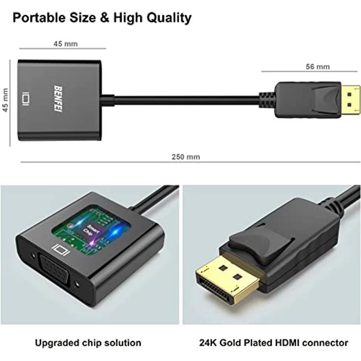 DisplayPort auf VGA, Benfei Vergoldet DP/DisplayPort zu VGA Male to Female Kabel-Adapter Konverter - Preisvergleich – Bild 6