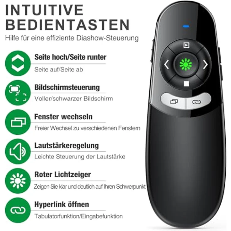 HASACOOL USB C Presenter, Kabellose 2.4 GHz Powerpoint Fernbedienung mit grünem Lichtpointer, Dual-Head-Empfänger für Windows/Mac/Linux/Android – Bild 2