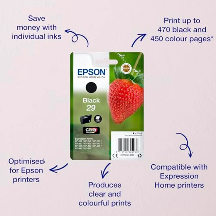 Epson Original 29 Tinte Erdbeere, XP-235 XP-332 XP-335 XP-432 XP-435 XP-245 XP-342 XP-345 XP-442 XP-445 XP-247 XP-257 XP-255 XP-352 XP-355 XP-452 XP-455, (schwarz) – Bild 2