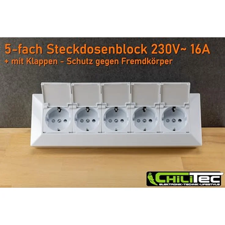 ChiliTec Steckdosenblock 5-Fach Unterbausteckdose mit Klappdeckel, 230V, Schutzkontakt-Steckdosen für Küche und Werkstatt, Weiß – Bild 4