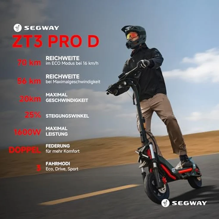 Segway-Ninebot Segway ZT3 Pro D, E-Scooter mit Straßenzulassung, 70 km Eco- Reichweite, 56km Reichweite bei 20km/h, Vollfederung, 120 kg Tragfähigkeit, 25% Steigung, Apple FindMy, Offroad-Reifen, wasserfest - Ninebot – Bild 2