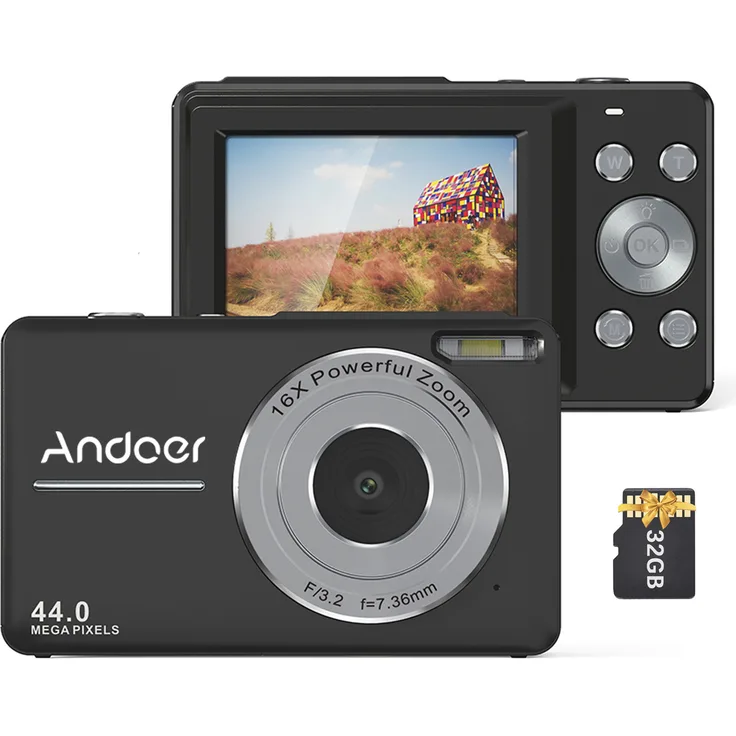 Andoer tragbare 1080P-Digitalkamera, 44 MP Video-Camcorder mit 16-fachem Digitalzoom, Autofokus, Gesichtserkennung, 2,5 Zoll IPS-Bildschirm und 32 GB Speicherkarte, Schwarz