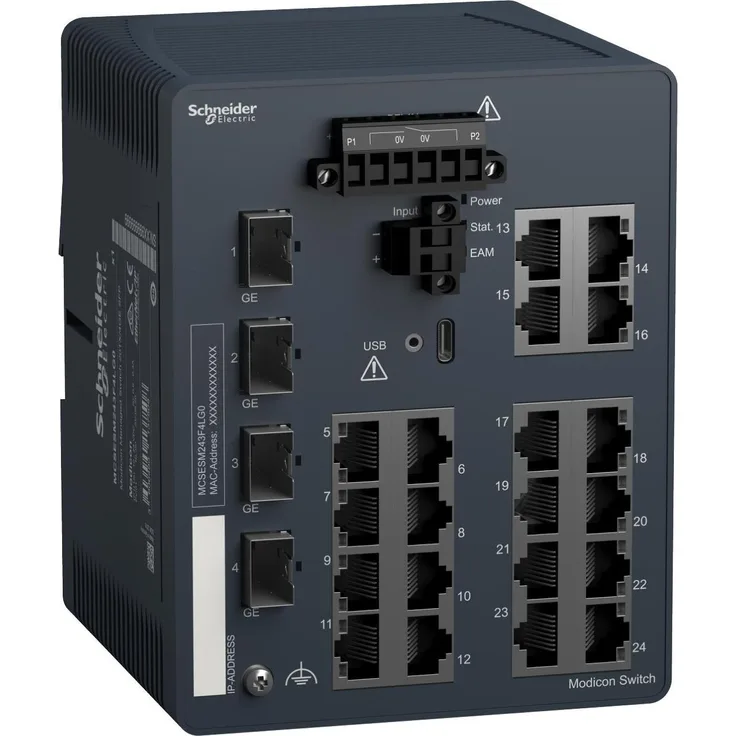 Schneider Electric MCSESM243F4LG0, Managed Netzwerk Switch mit 20 Ports und 4 SFP-Ports, 1-Gigabit-Übertragungsrate, kompakt und energieeffizient