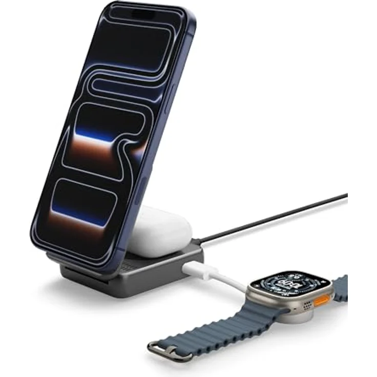 Spigen Essential EF302MOQ, 2-in-1 Magnetischer MagSafe Wireless Charger, 25 W Schnellladen, Schwarz – Bild 1