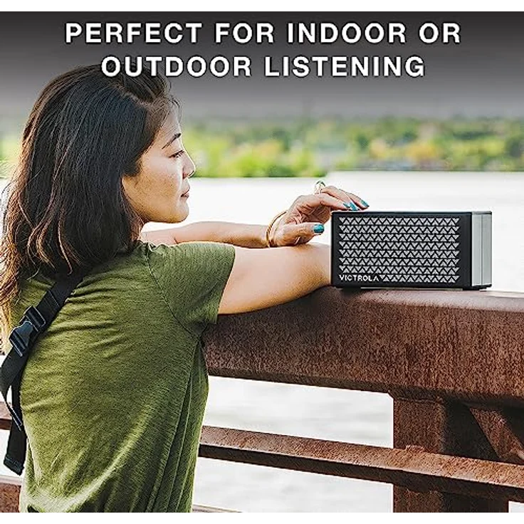 Victrola Music Edition 2 Tisch-Bluetooth-Lautsprecher, IP67 Wasser- und staubdicht, 20 Stunden Akkulaufzeit, Multi-Lautsprecher-Kopplung, Premium-Sound und passiver Bass-Heizkörper, Schwarz – Bild 3