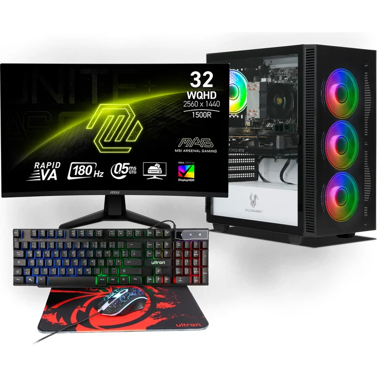 Ankermann Starter Gaming Bundle, AMD Ryzen 7 5700X, Nvidia GeForce RTX 5060 8GB, 16GB RAM, 1TB NVMe SSD, MSI MAG 32 Zoll Curved WQHD Monitor, Ultron HAWK RGB Gaming Set, Windows 11, WLAN