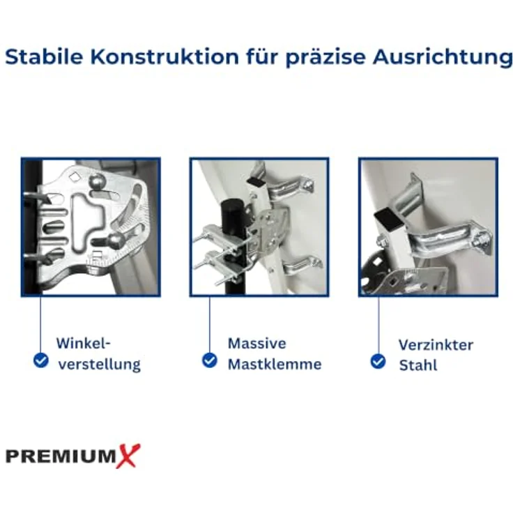 Premium X PXS80 Satellitenschüssel, 80cm Stahl hellgrau, Offset Antenne für digitalen Sat-Empfang, inkl. LNB Tragarm und Masthalterung – Bild 3