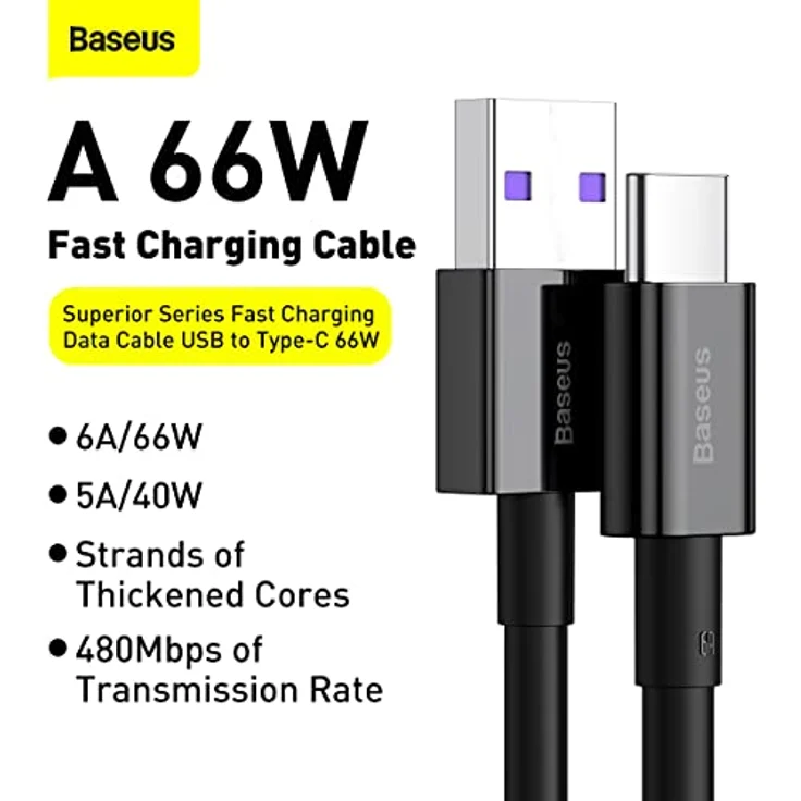 Baseus CATYS-A01 USB-zu-USB-C Kabel, 66W Schnellladung und 480 Mbps Datenübertragung, 2m, schwarz – Bild 7