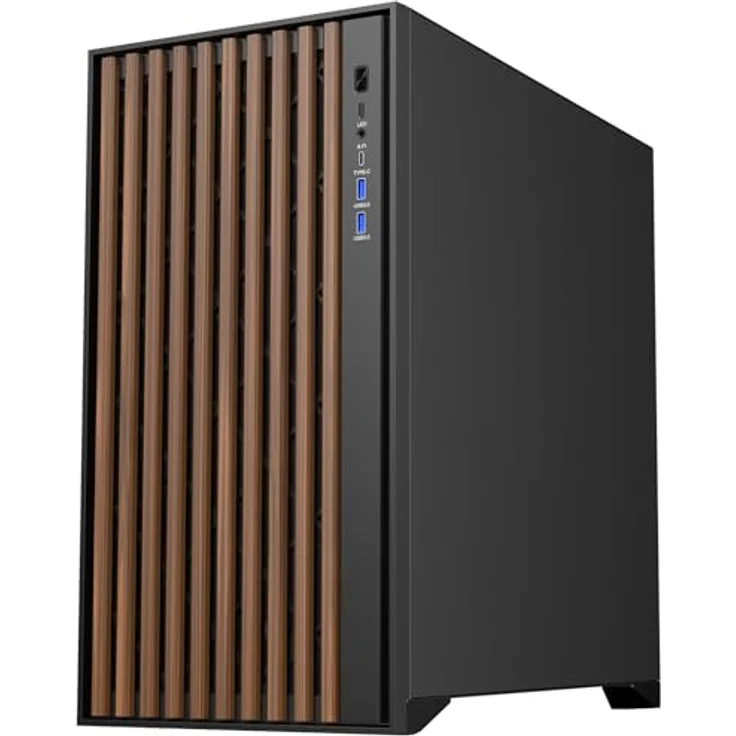iTek Woody ATX Gehäuse, 3 x 14 cm, Lüfter schwarz, 2 x USB3, Typ-C, Holzfront, Seitenpanel aus gehärtetem Glas, schwarz – Bild 3