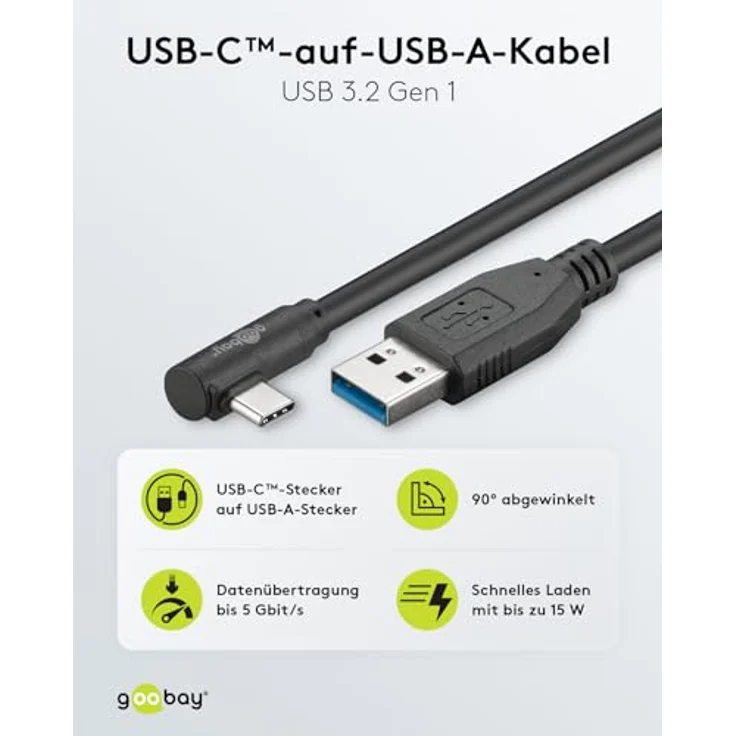 Goobay USB-C auf USB A 3.0 Kabel 90°, schwarz, 1.5 m - USB 3.0-Stecker (Typ A) > USB-C-Stecker (66502) – Bild 3