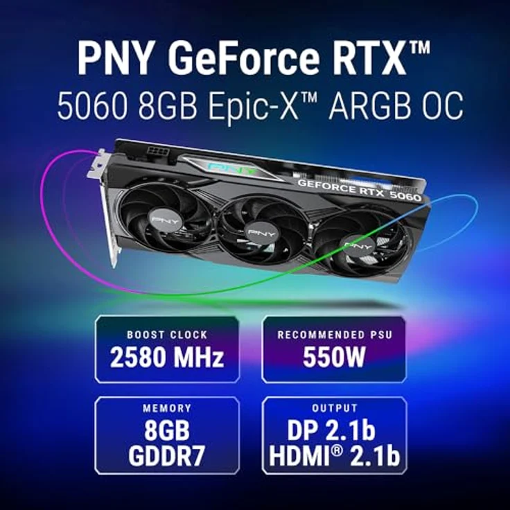 PNY GeForce RTX 5060, 8GB GDDR7 Grafikkarte mit 7680 x 4320 Pixel, PCIe x8 5.0, 3840 CUDA-Kerne, aktiv gekühlt – Bild 3