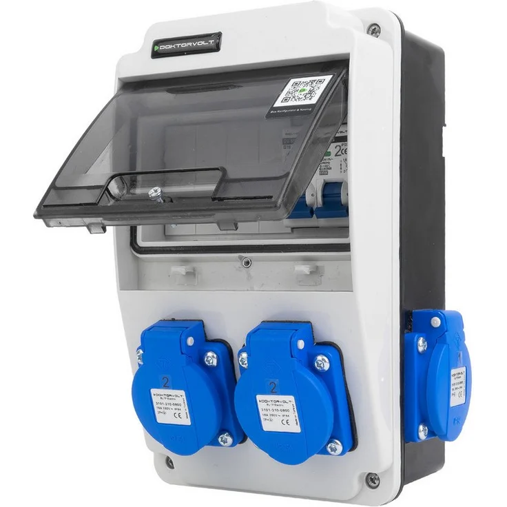 Doktorvolt Wandverteiler XS DV-6517-D, 16A 4x230V IP44 Stromverteiler mit Leitungsschutzschaltern, Grau/Schwarz