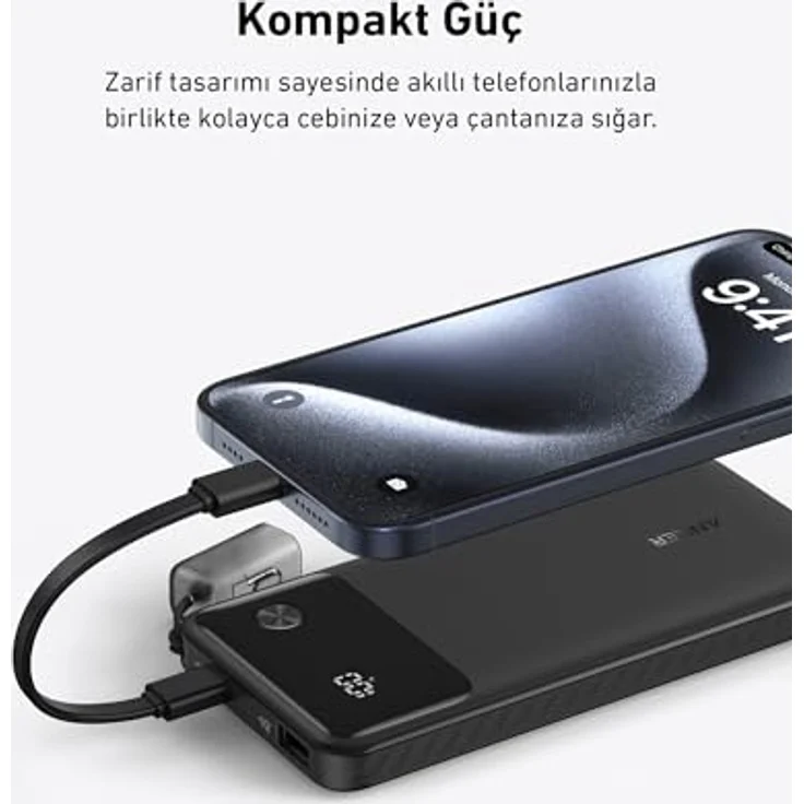 Anker 10.000 mAh Powerbank, 22,5W, black - Schlankes Design, Integriertes USB-C Kabel, 2-faches Schnellladen – Bild 3