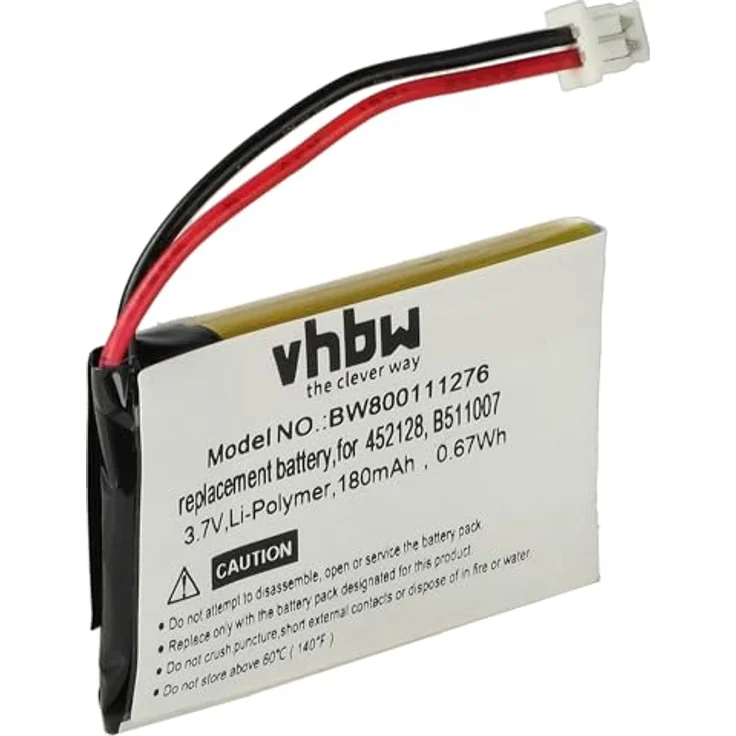 vhbw Akku Ersatz für 452128, B511007, 180 mAh, 3,7 V, Li-Polymer für Wireless Headset Kopfhörer, wiederaufladbar, langlebig – Bild 1