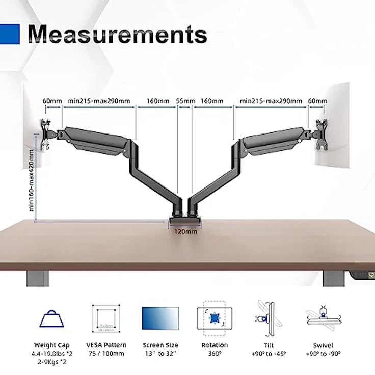 GRIFEMA Monitor Halterung 2 Monitore, für 13-32 Zoll Bildschirm, Monitor Stand Dual Monitor Arm Höhenverstellbar Drehungbar, Monitorhalterung Max 9Kg, Bildschirmhalterung Vesa 75x75/100x100 – Bild 2