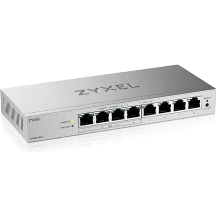 Zyxel GS1200-8HPV3, 8-Port Gigabit PoE+ Switch, smart managed, grau, mit LACP und IGMP Unterstützung