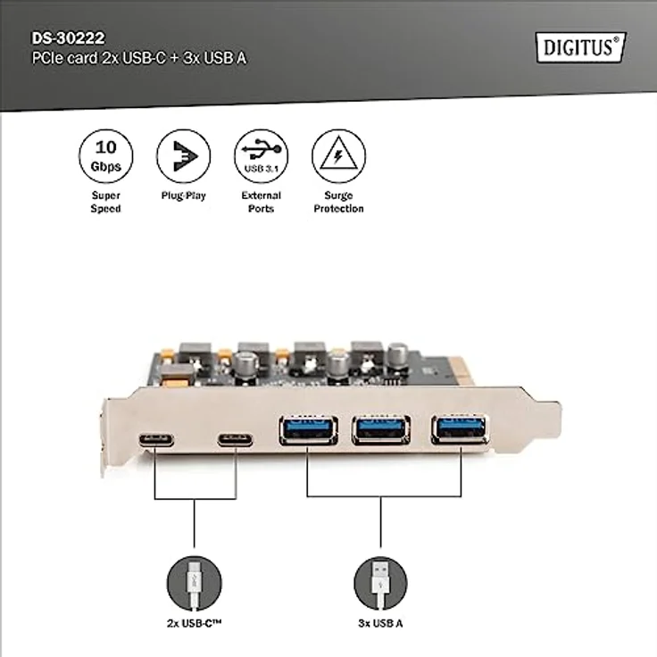 DIGITUS PCIe Karte 2X USB-C, 3X USB A – Bild 2