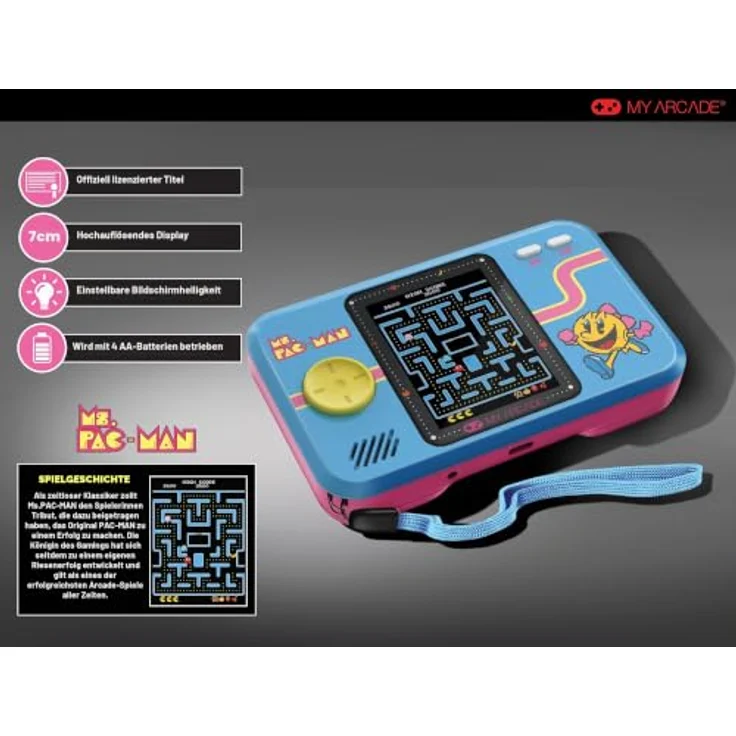 My Arcade Pocket Player Ms PacMan Portable, 2.75” Farbdisplay, ergonomisches Design, USB-C und Batteriebetrieb – Bild 2