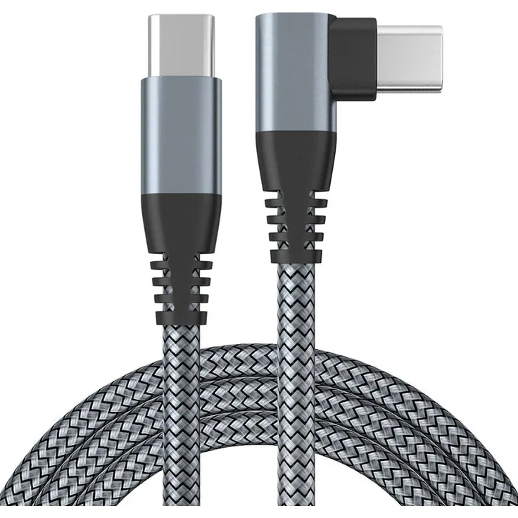 Kevin Frotscher USB-C auf USB-C Schnellladekabel, 2m mit 90° Winkelstecker, Nylon geflochten, 480 Mbps Datenübertragung, grau