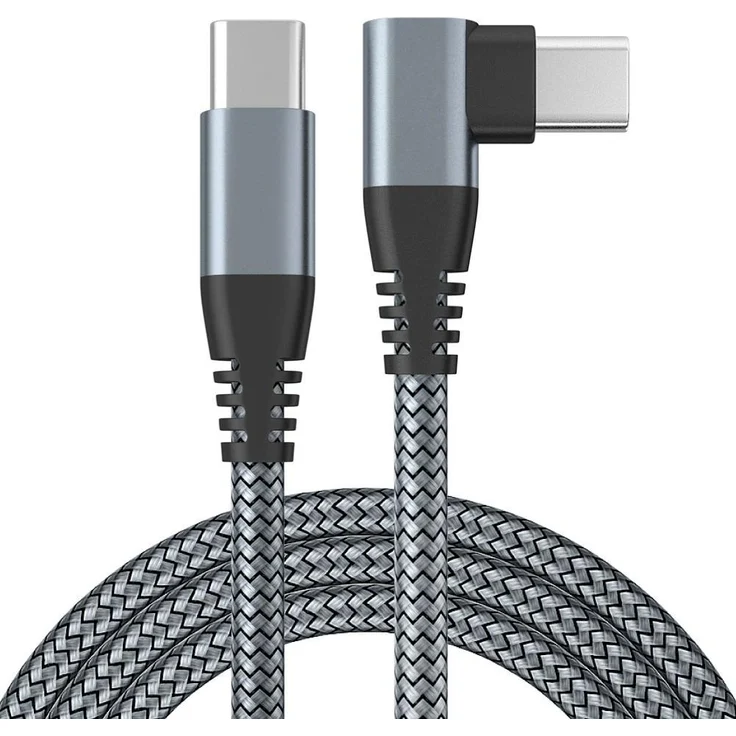 Kevin Frotscher USB-C auf USB-C Schnellladekabel 3m, 90° Winkelstecker, Nylon geflochten, 480 Mbps Datenübertragung, Grau