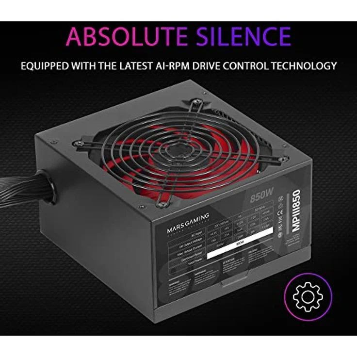 Mars Gaming MPIII850, Netzteil PC ATX 850W, 5 Jahre Garantie, Silent AI-RPM Technologie, 85% Wirkungsgrad, Schwarz – Bild 3