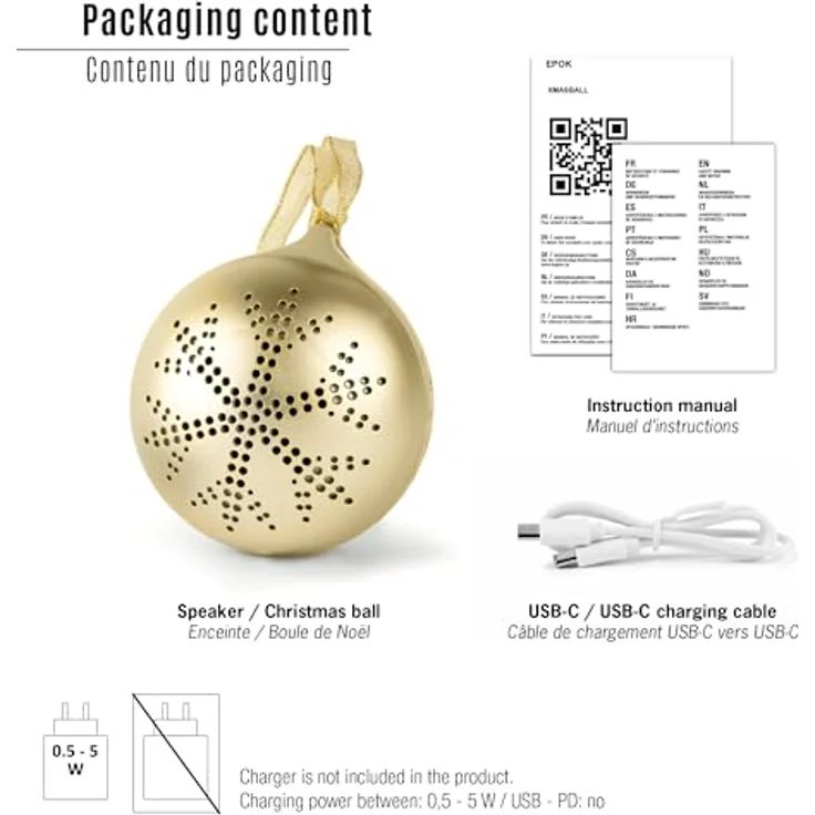 Bigben EPOK Leuchtende Weihnachtskugel, Bluetooth portabler Lautsprecher mit Lichteffekten, gold, 10 W Musikleistung – Bild 7