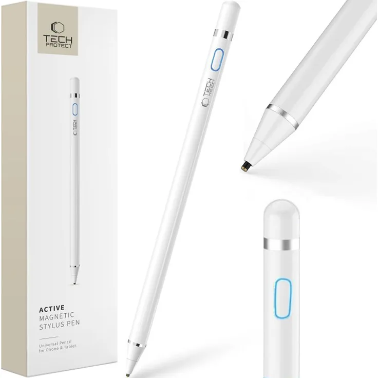 Tech-Protect Active Stylus Pen, ergonomischer Eingabestift in Weiß für präzises Zeichnen und Schreiben, kompatibel mit Tablets und Smartphones