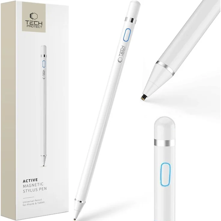 Tech-Protect Active Stylus Pen, ergonomischer Eingabestift in Weiß für präzises Zeichnen und Schreiben, kompatibel mit Tablets und Smartphones