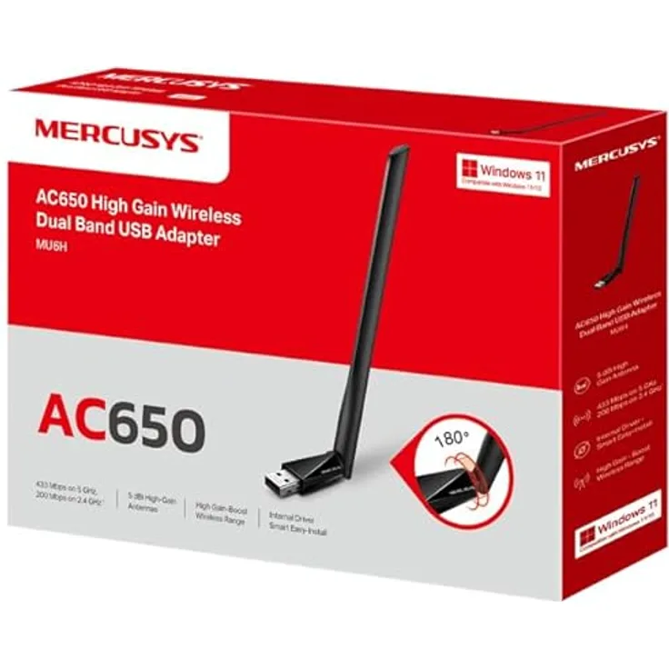 MERCUSYS MU6H AC650, WiFi-USB-Adapter mit hoher Verstärkung, Dual-Band, bis zu 200 Mbps auf 2,4 GHz und 433 Mbps auf 5 GHz, kompatibel mit Windows 11/10/8.1/8/7/XP