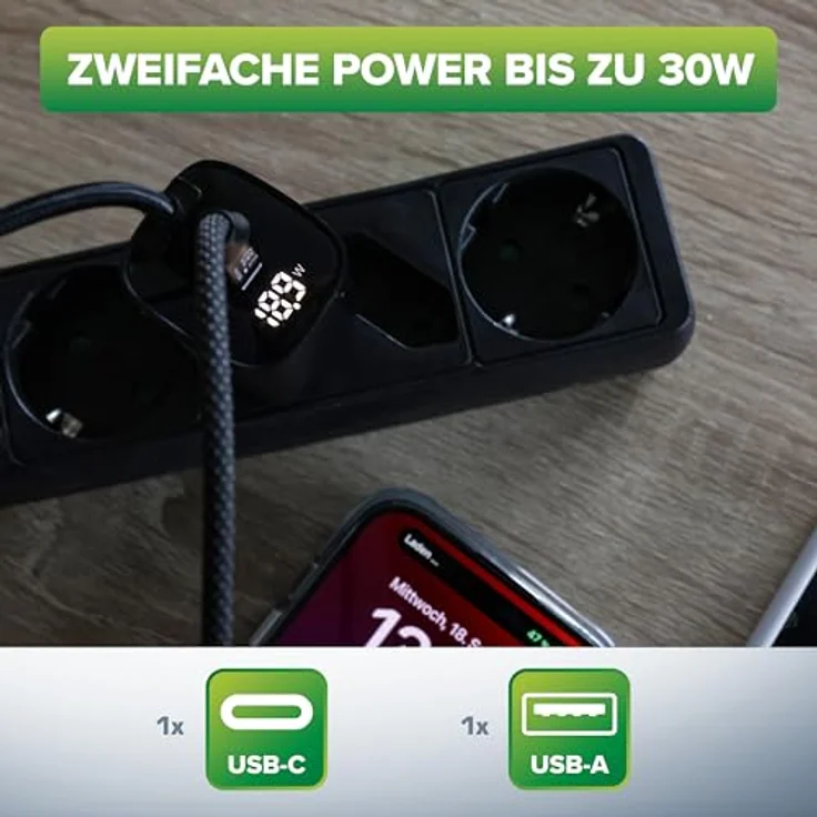 InLine USB-Ladegerät, 2-Port, digitales Display, GaN, 30W, Schnellladegerät, PD3.0, QC3.0, für iPhone/Pro/Mini, Samsung, 31550 – Bild 3