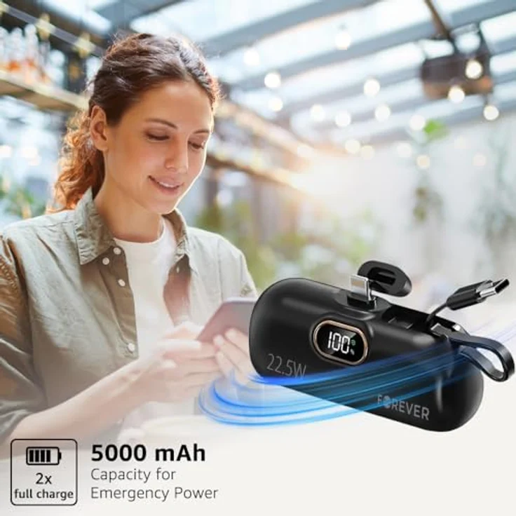 FOREVER Power Bank Mini Lightning Schwarz 5000mAh, Schnellladefunktion, Pass-Through-Technologie, LED-Display, leicht und kompakt für unterwegs – Bild 2
