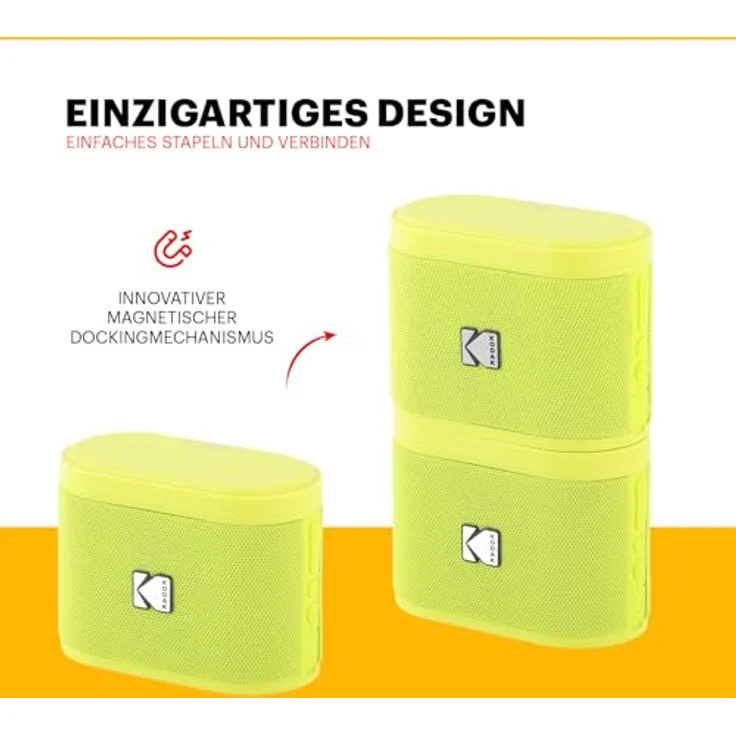 Kodak SOUNDBRIX Tragbarer Bluetooth-Lautsprecher, 5 W RMS, magnetische Dockingstation, verbindet bis zu 100 Lautsprecher, 3 Stunden Akkulaufzeit, gelb – Bild 3