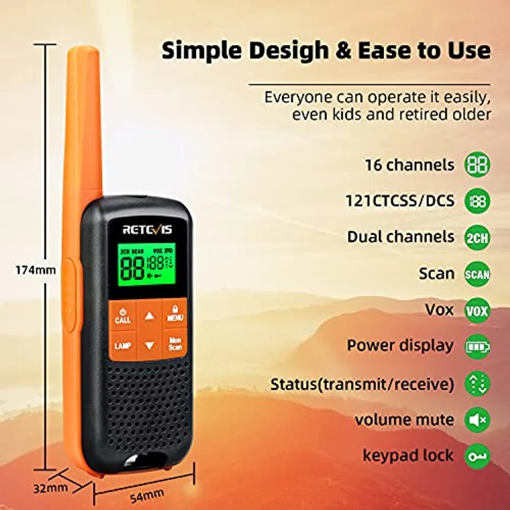 Retevis RT649 Walkie Talkie Lizenzfrei PMR446 Funkgerät Set 16 Kanäle VOX LED Taschenlampe IP65 Wasserdichtes Scan Zwei Lademethoden (Orange, 2 STK.) – Bild 2
