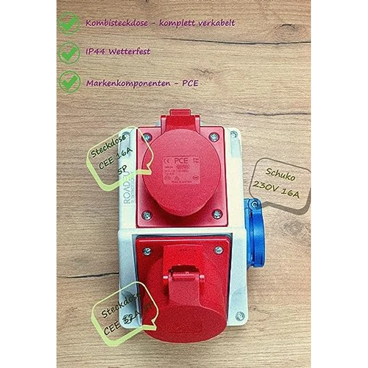 RoadEu - Kombi Wandsteckdose - Wandverteiler 32A, 16A CEE Steckdose mit Schuko 230V - Baustromverteiler 16A 32A - PCE Steckdosen - Aufputz Verteilerkasten - Stromverteiler Innen und Außen, IP44-Gehäuse, isolierte Bauform – Bild 2