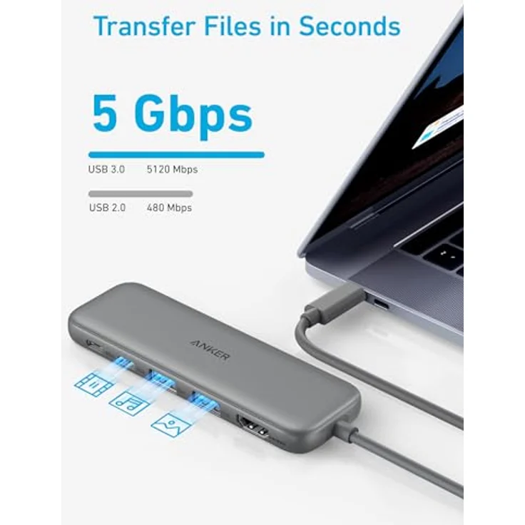 Anker USB C Hub 332 (5-in-1) mit 4K HDMI Display, 5Gbps Datenanschluss und 2 USB-A Ports für MacBook Pro, Air, Dell XPS, Lenovo Thinkpad, HP Laptops - Silber – Bild 4