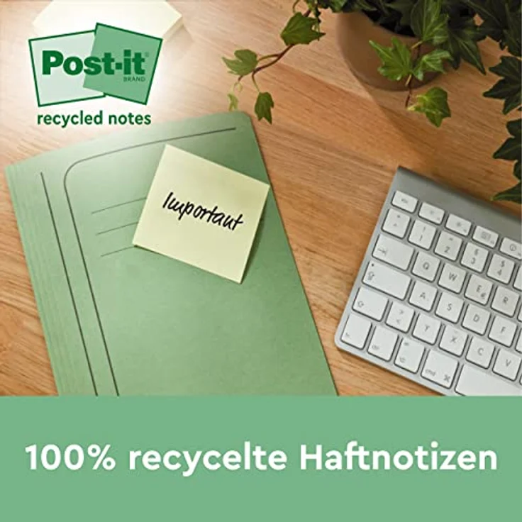 Post-it Notes Recycling Haftnotizblock, 76x76mm, gelb, 600 Blatt (6x100) in Vorratsbox, rückstandsfrei lösbar, aus 100% Altpapier – Bild 7