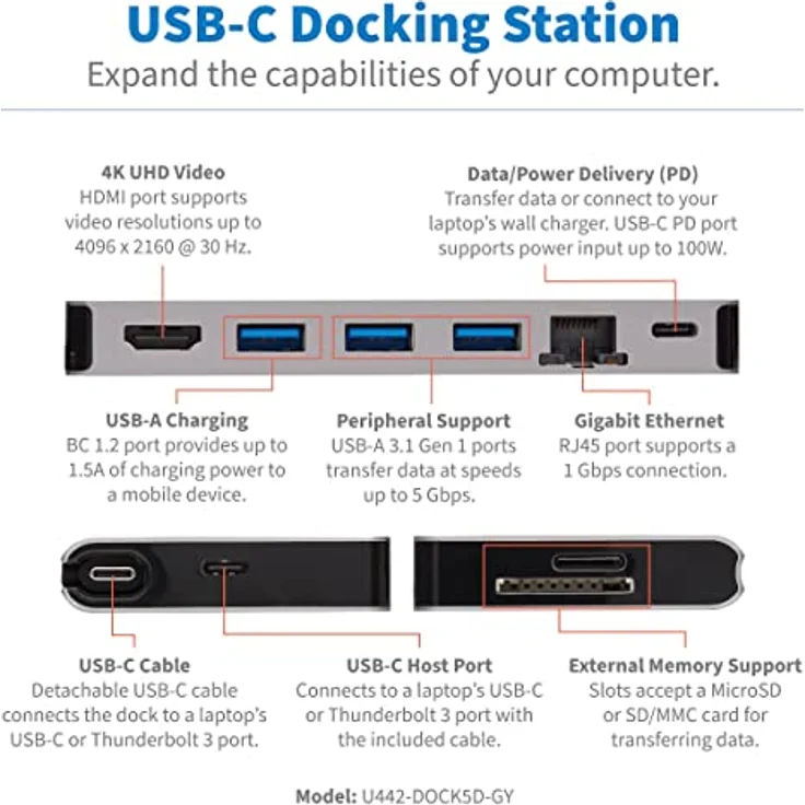 Tripp Lite U442-DOCK5D-GY Tripp Lite USB-C-Dock – 4K HDMI, USB 3.2 Gen 1, USB-A-Hub, GbE, Speicherkarte, 100 W PD-Aufladung, abnehmbares Kabel (U442-DOCK5D-GY) – Bild 2